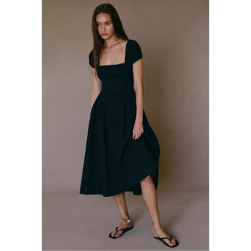 Free People Ciara Pucker Check Midi Dress in Black Medium Classic Minimalist - Picture 2 of 11